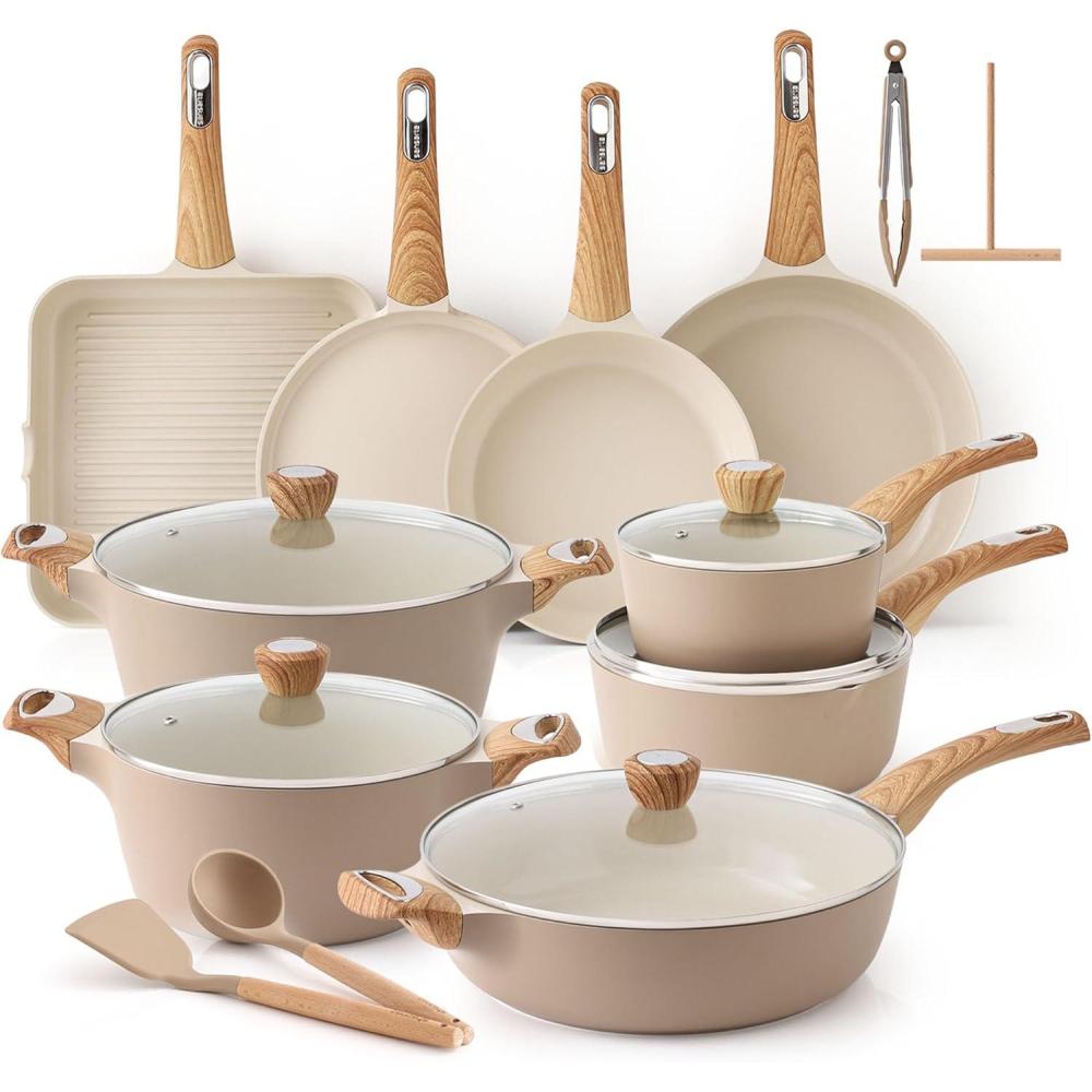 image:imageSENSARTE Ceramic Cookware Sets Pots and Pans Set Non stick Non toxic Healthy Induction Cookware 26 Pcs Nonstick Kitchen Cooking Set wFrying Pans Set Saucepans SetCeramic Taupe