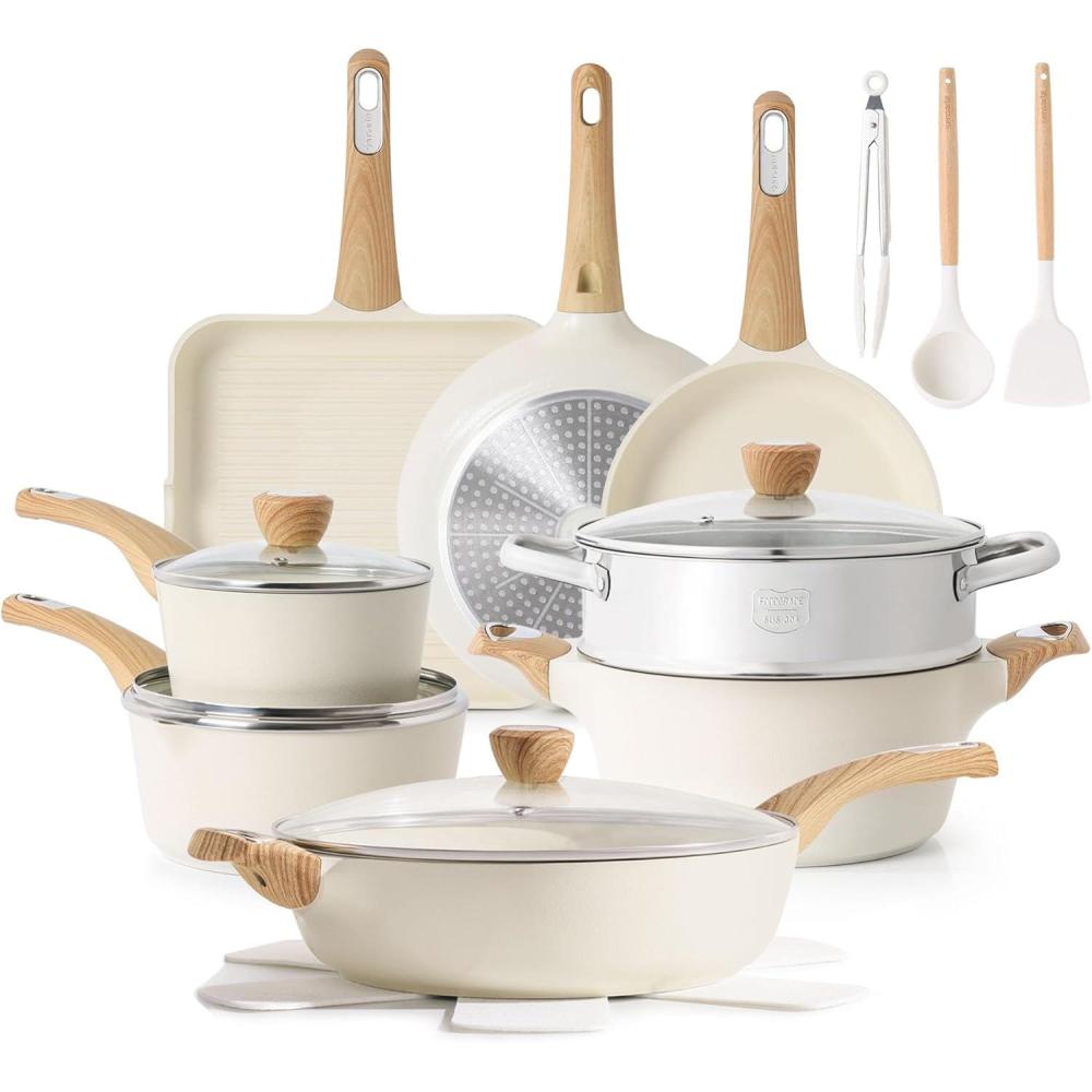 image:imageSENSARTE Ceramic Cookware Sets Pots and Pans Set Nonstick 20Piece Induction Cookware Nontoxic Healthy Non Stick Kitchen Cooking Set with StayCool Handles PFAS PTFE PFOA PFOS FreeCeramic White