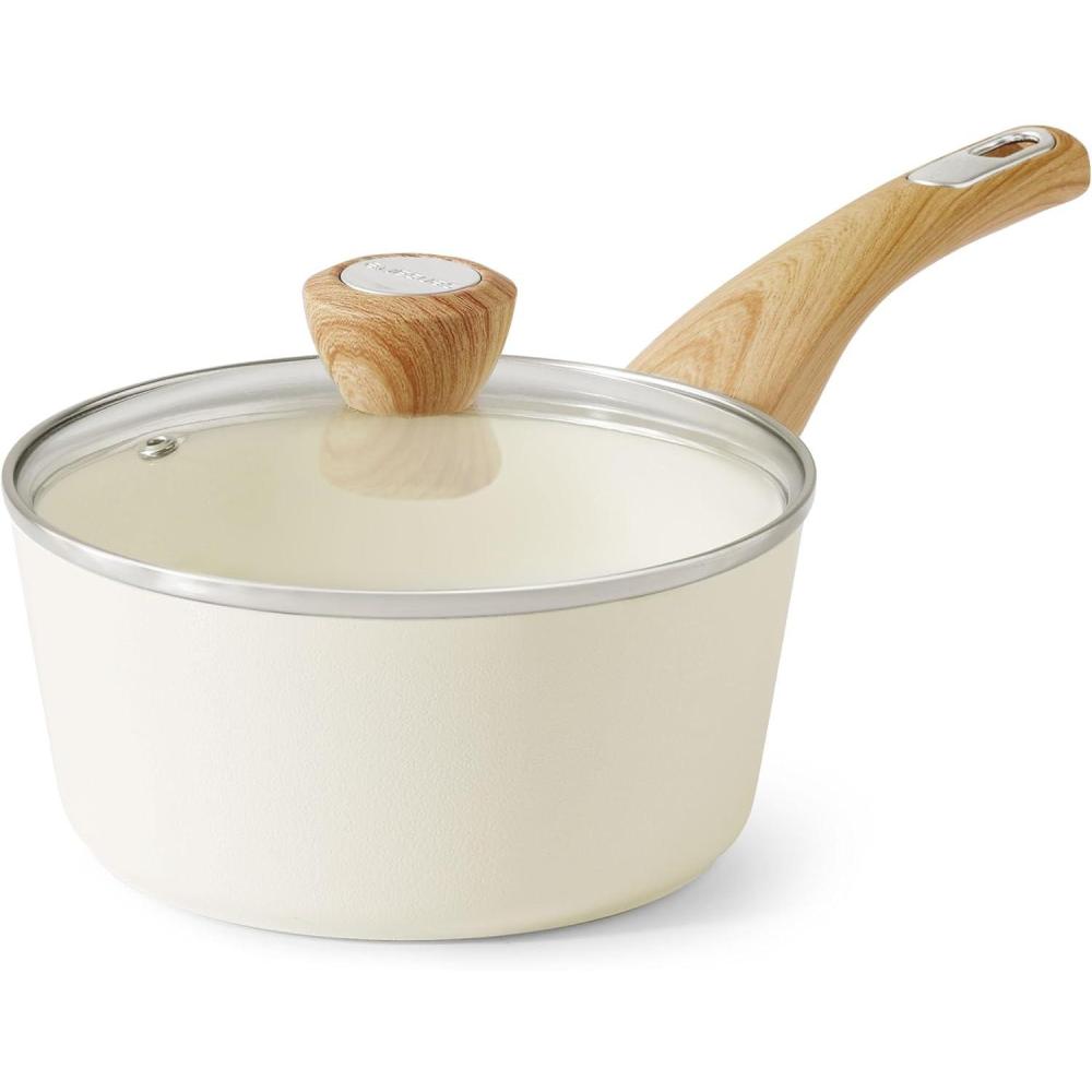 image:imageSENSARTE Ceramic Nonstick Sauce Pan with Lid 15 Quart Small Saucepan White Cooking Pot with Stay Cool Handle Non toxic Kitchen Sauce Pot Non stick Saucier Pan Induction Pot PFOA PTFE PFAS FreeCeramic White