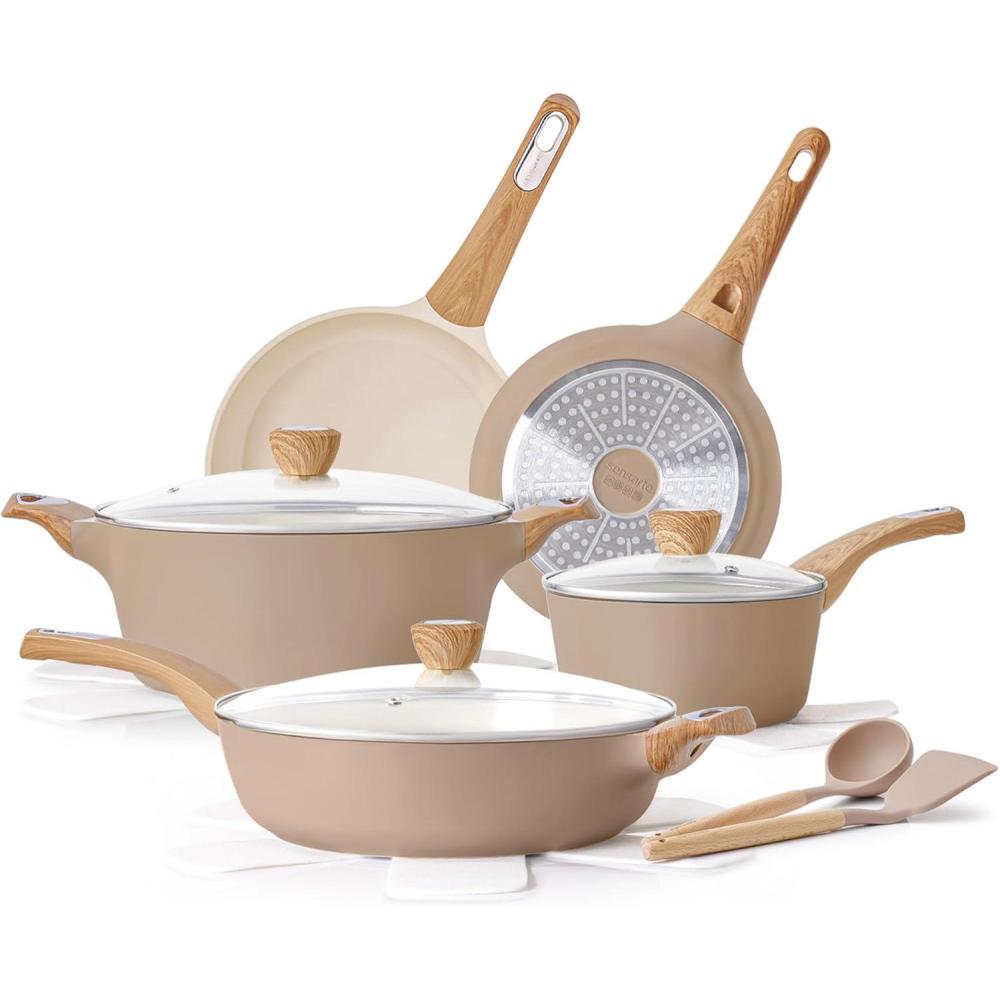 image:imageSENSARTE Nonstick Ceramic Cookware Set 14Piece Healthy Pots and Pans Set Nontoxic Kitchen Cooking Set Taupe