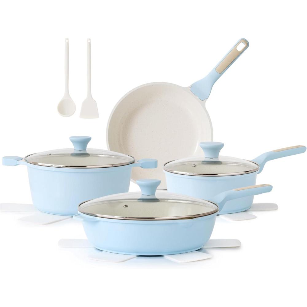 image:imageSENSARTE Nonstick Cookware Set 13Piece Healthy Pots and Pans Set Kitchen Cooking Set with StayCool Handles Silicone Utensils and Pot Protectors PFOA FreeGlacer Blue
