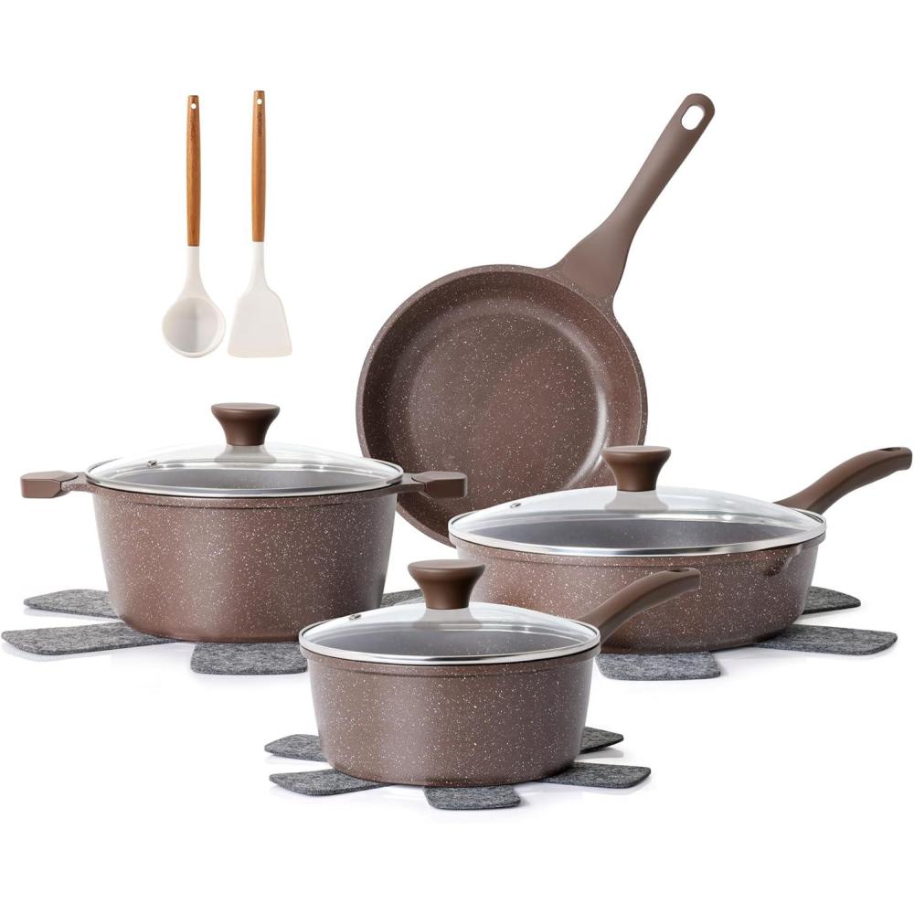image:imageSENSARTE Nonstick Cookware Set 13Piece Healthy Pots and Pans Set Kitchen Cooking Set with StayCool Handles Silicone Utensils and Pot Protectors PFOA FreeToffee Brown