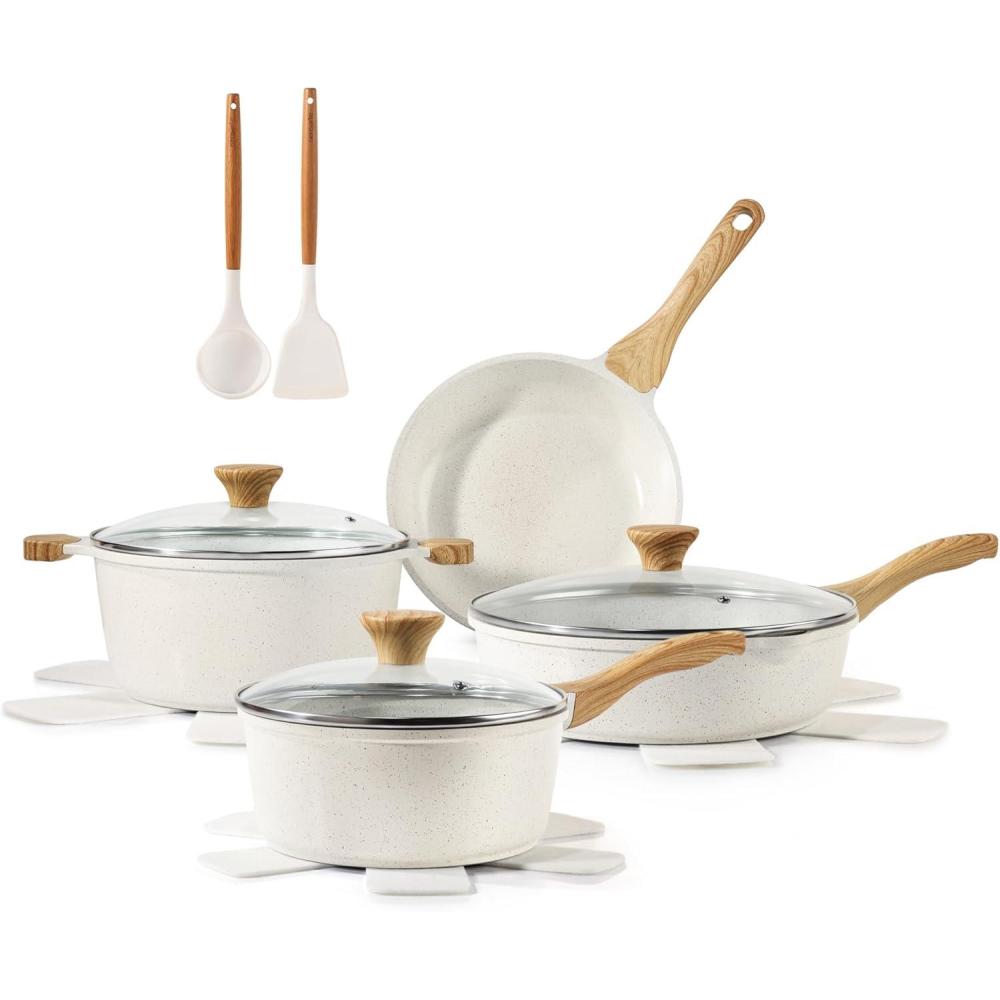 image:imageSENSARTE Nonstick Cookware Set 13Piece Healthy Pots and Pans Set Kitchen Cooking Set with StayCool Handles Silicone Utensils and Pot Protectors PFOA FreeWhite
