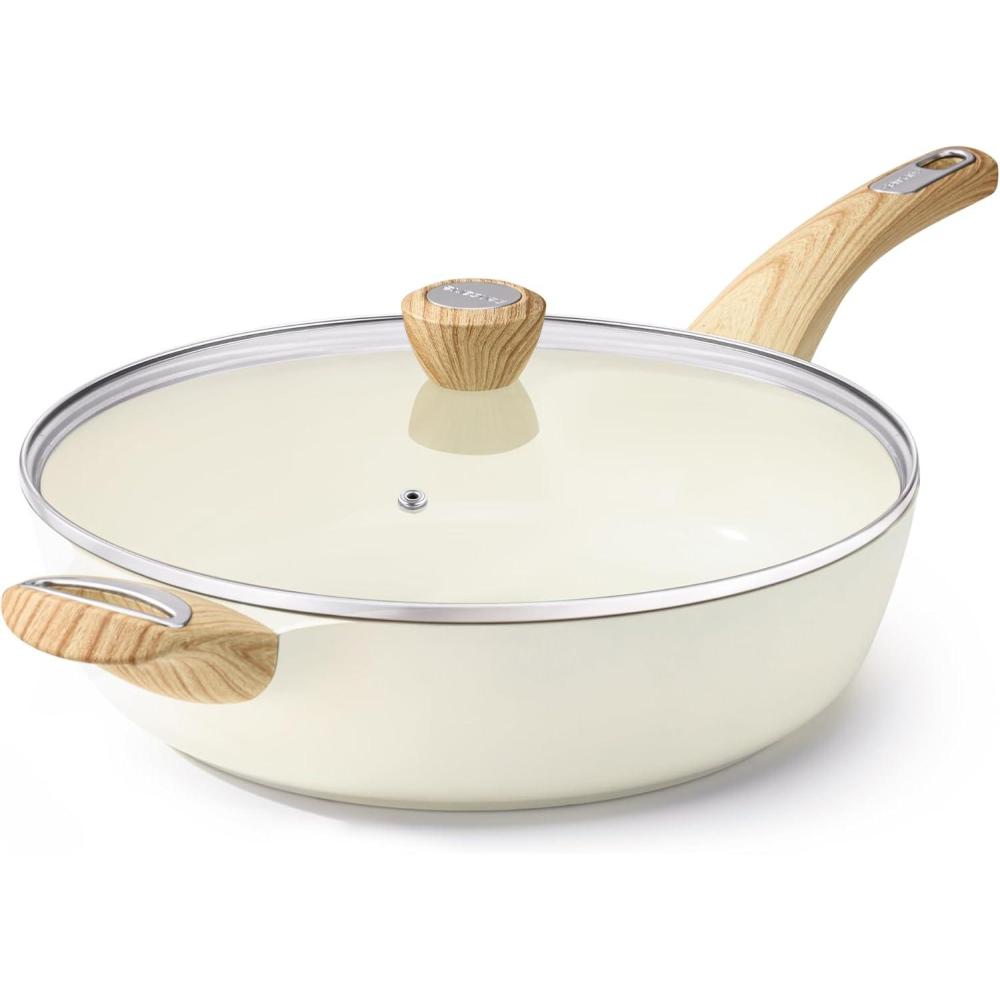 image:imageSENSARTE Nonstick Deep Frying Pan 12 Inch Large Skillet Pan Induction Cookware 5Qt Non Stick Saute Pan with Lid White Non Toxic Cooking Pan with Helper Handle PFOA PFOS APEO Free
