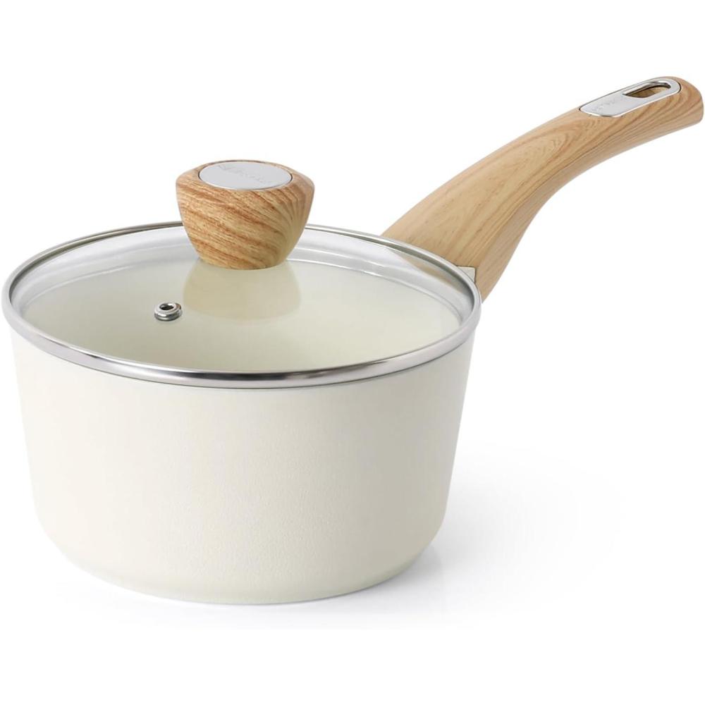 image:imageSENSARTE Nonstick Sauce Pan with Lid 15QT Small Sauce Pot Staycool Handle Multipurpose Handy Little Saucepan Induction Capable PFOA Free WhiteCeramic White