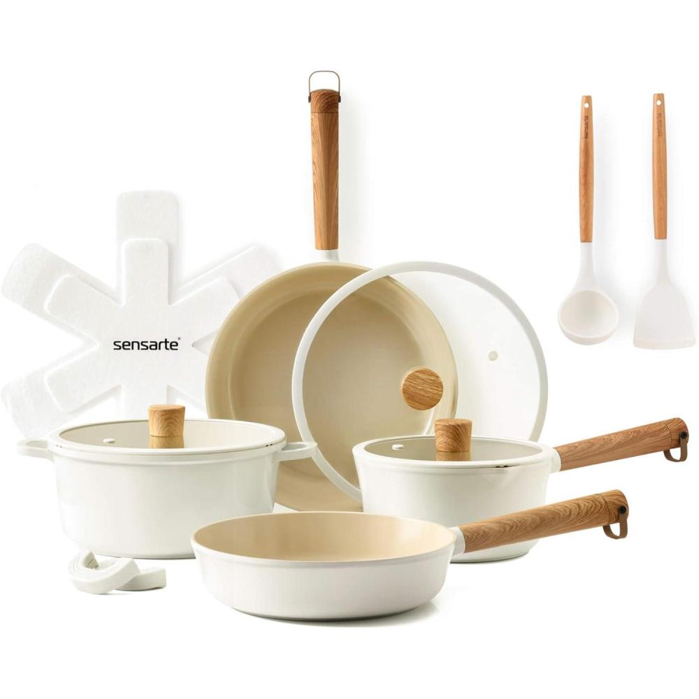image:imageSENSARTE Pots and Pans Set Nonstick Cookware Set Kitchen Cooking Set Nonstick Dishwasher amp Oven Safe Induction Compatible Free of Intentionally Added PFOAPFOS 13pcs BlackCream Ceramic