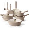 SENSARTE Ceramic Nonstick Pots and Pans Set 17pcs, Healthy Induction Cookware Set, Nontoxic Kitchen Cooking Set with Skillets & Saucepans, Stay-cool Handles, PFAS PTFE PFOA PFOS Free,Taupe(Almond Beige)