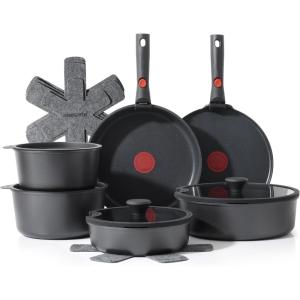 SENSARTE 17 Piece Pots and Pans Set, Nonstick Detachable Handle Cookware Set, Induction Thermo-Signal Cookware Set with Removable Handle, Healthy Non Stick for RV, Dishwasher ＆ Oven Safe (Purple)(Black)