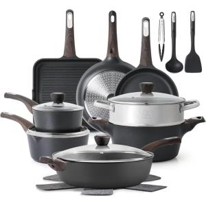 SENSARTE Ceramic Cookware Sets, Pots and Pans Set Nonstick, 20-Piece Induction Cookware, Non-toxic Healthy Non Stick Kitchen Cooking Set with Stay-Cool Handles, PFAS PTFE PFOA PFOS Free(Classic Black)