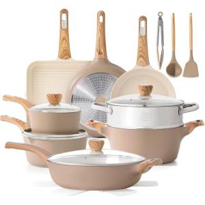 SENSARTE Ceramic Cookware Sets, Pots and Pans Set Nonstick, 20-Piece Induction Cookware, Non-toxic Healthy Non Stick Kitchen Cooking Set with Stay-Cool Handles, PFAS PTFE PFOA PFOS Free(Ceramic Taupe)