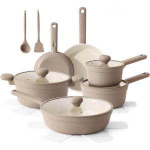 SENSARTE Ceramic Nonstick Pots and Pans Set 17pcs, Healthy Induction Cookware Set, Nontoxic Kitchen Cooking Set with Skillets & Saucepans, Stay-cool Handles, PFAS PTFE PFOA PFOS Free,Taupe(Almond Beige)