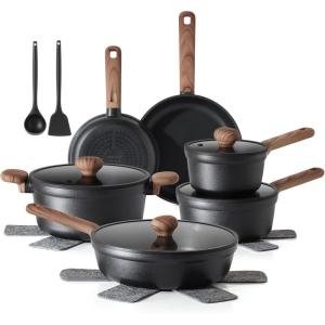 SENSARTE Ceramic Nonstick Pots and Pans Set 17pcs, Healthy Induction Cookware Set, Nontoxic Kitchen Cooking Set with Skillets & Saucepans, Stay-cool Handles, PFAS PTFE PFOA PFOS Free,Taupe(Matte Black)