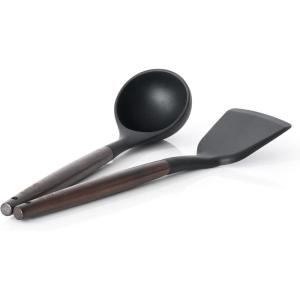 SENSARTE Kitchen Utensils 2-Piece, Silicone Cooking Utensils, Silicone Spatula and Ladle with Wooden Handle, Taupe(Black)