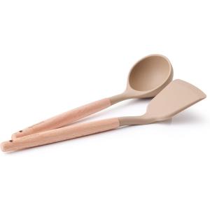 SENSARTE Kitchen Utensils 2-Piece, Silicone Cooking Utensils, Silicone Spatula and Ladle with Wooden Handle, Taupe(Taupe)