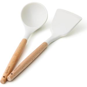 SENSARTE Kitchen Utensils 2-Piece, Silicone Cooking Utensils, Silicone Spatula and Ladle with Wooden Handle, Taupe(White)