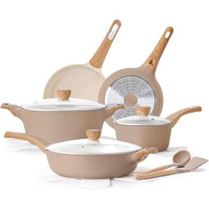 SENSARTE Nonstick Ceramic Cookware Set 14-Piece, Healthy Pots and Pans Set, Non-toxic Kitchen Cooking Set, Taupe