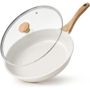 SENSARTE Nonstick Ceramic Frying Pan with Lid 8/9.5/10/11/12.5 Inch Omelet Pan Skillet, Free of Intentionally Added PFAS/PTFE Non-toxic Chef’s Pan Induction Compatible Pan, Heat Resistant Handle(White Ceramic)
