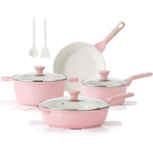 SENSARTE Nonstick Cookware Set 13-Piece, Healthy Pots and Pans Set Kitchen Cooking Set with Stay-Cool Handles, Silicone Utensils and Pot Protectors, PFOA Free(Sakura Pink)
