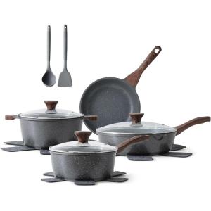 SENSARTE Nonstick Cookware Set 13-Piece, Healthy Pots and Pans Set Kitchen Cooking Set with Stay-Cool Handles, Silicone Utensils and Pot Protectors, PFOA Free(Gray)