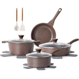 SENSARTE Nonstick Cookware Set 13-Piece, Healthy Pots and Pans Set Kitchen Cooking Set with Stay-Cool Handles, Silicone Utensils and Pot Protectors, PFOA Free(Toffee Brown)
