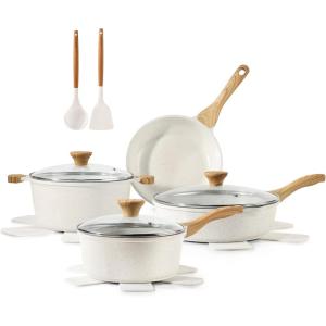 SENSARTE Nonstick Cookware Set 13-Piece, Healthy Pots and Pans Set Kitchen Cooking Set with Stay-Cool Handles, Silicone Utensils and Pot Protectors, PFOA Free(White)