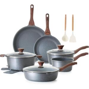 SENSARTE Nonstick Cookware Set 16-Piece, Healthy Pots and Pans Set, Non-stick Kitchen Cooking Set with Stay-Cool Handles, Silicone Utensils and Pot Protectors, PFOA Free(Gray)