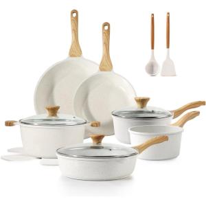 SENSARTE Nonstick Cookware Set 16-Piece, Healthy Pots and Pans Set, Non-stick Kitchen Cooking Set with Stay-Cool Handles, Silicone Utensils and Pot Protectors, PFOA Free(Ceramic White)
