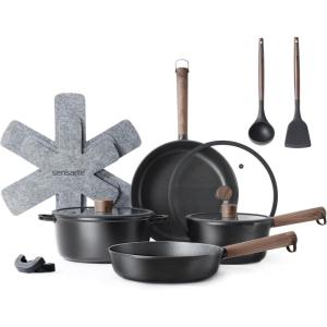 SENSARTE Pots and Pans Set Nonstick Cookware Set Kitchen Cooking Set Non-stick, Dishwasher & Oven Safe, Induction Compatible, Free of Intentionally Added PFOA/PFOS, 13pcs, Black(Night Black)