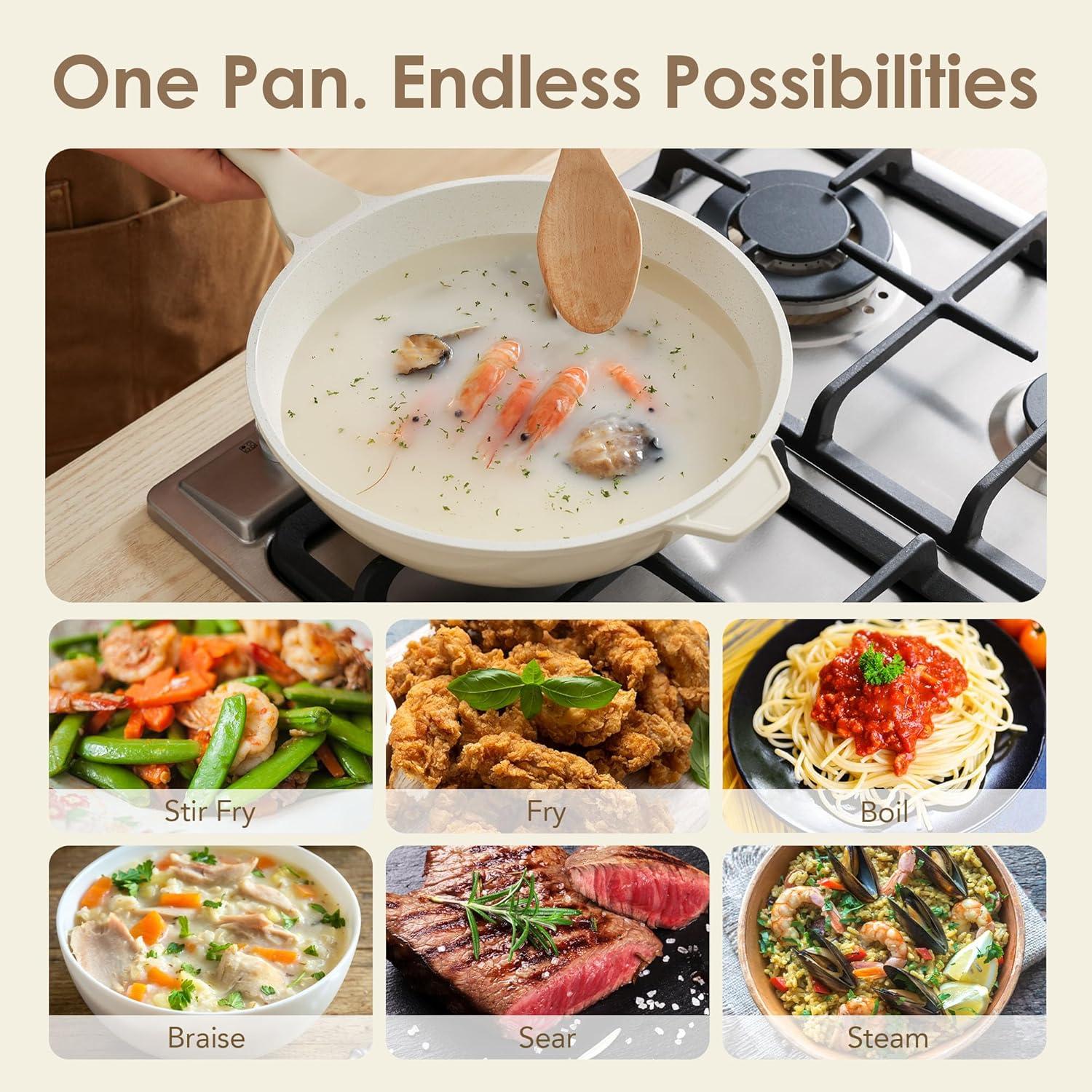 image:imageSENSARTE Ceramic Nonstick Wok with Lid 11 Inch Non Toxic Stirfry Pan Induction Cookware Deep Frying Pan Skillet with StayCool Handles PFASPTFEPFOA FreeCream White