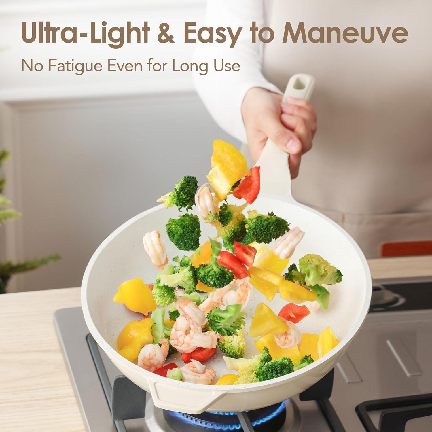 image:imageSENSARTE Ceramic Nonstick Wok with Lid 11 Inch Non Toxic Stirfry Pan Induction Cookware Deep Frying Pan Skillet with StayCool Handles PFASPTFEPFOA FreeCream White