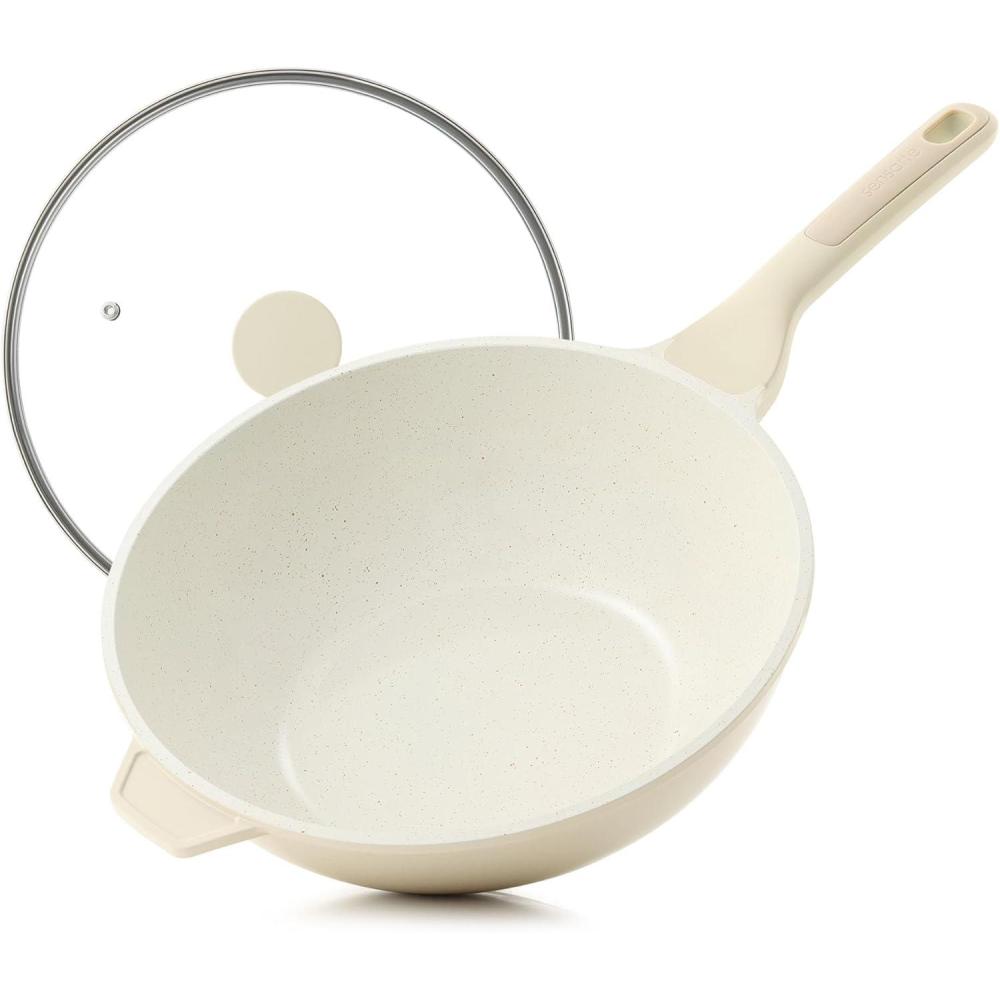 image:imageSENSARTE Ceramic Nonstick Wok with Lid 11 Inch Non Toxic Stirfry Pan Induction Cookware Deep Frying Pan Skillet with StayCool Handles PFASPTFEPFOA FreeCream White