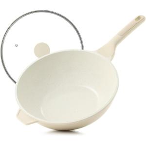 SENSARTE Ceramic Nonstick Wok with Lid, 11 Inch Non Toxic Stir-fry Pan Induction Cookware, Deep Frying Pan Skillet with Stay-Cool Handles, PFAS/PTFE/PFOA Free(Cream White)
