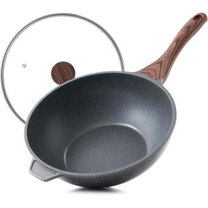 SENSARTE Ceramic Nonstick Wok with Lid, 11 Inch Non Toxic Stir-fry Pan Induction Cookware, Deep Frying Pan Skillet with Stay-Cool Handles, PFAS/PTFE/PFOA Free(Gray)