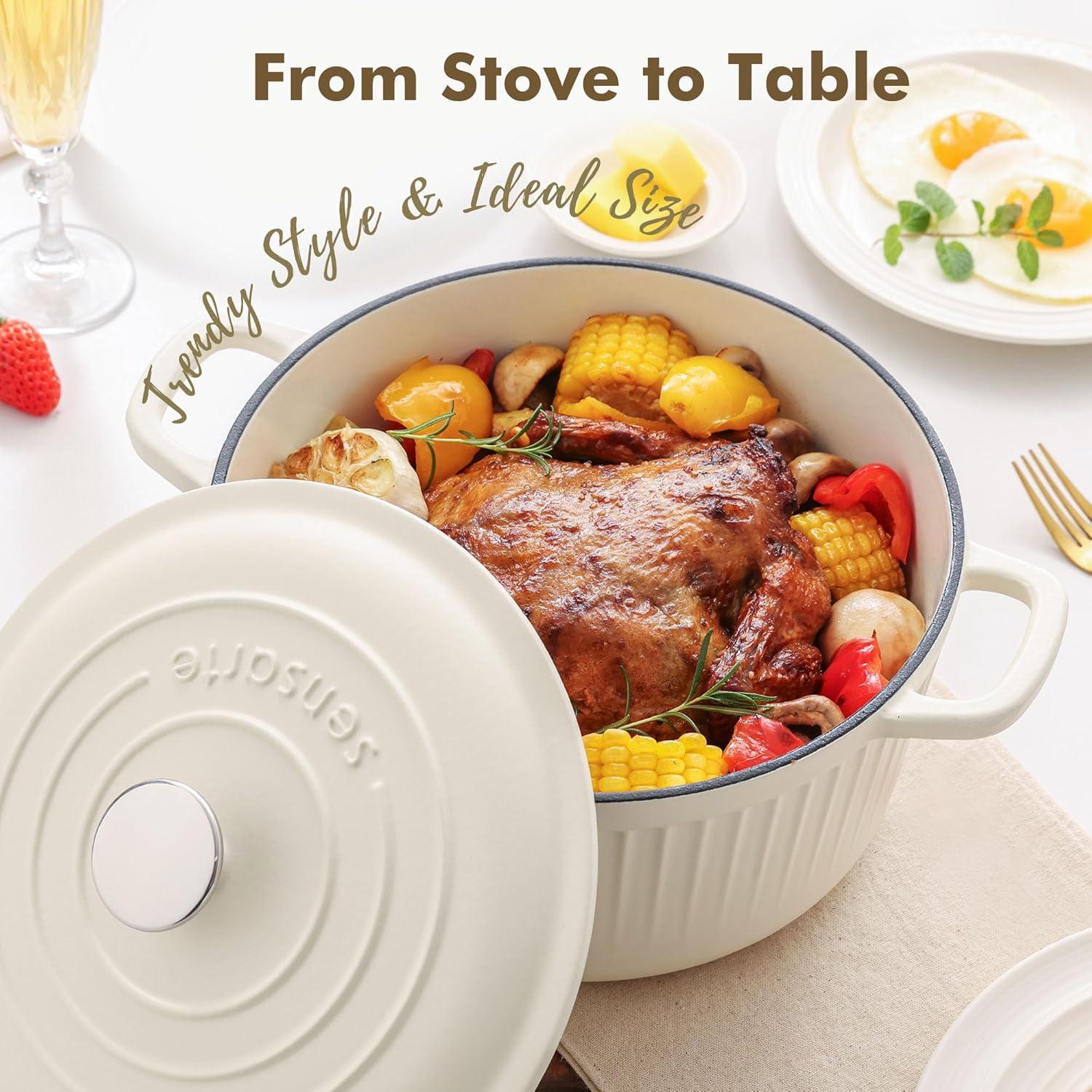 image:imageSENSARTE Enameled Cast Iron Dutch Oven 65 Quart Nonstick Casserole Cooking Pot with Lid Dual Handles Nontoxic Cooking Pot for Baking Stews Braising Roasting Oven Safe up to 500F Stovetop CompatibleMoonlight White