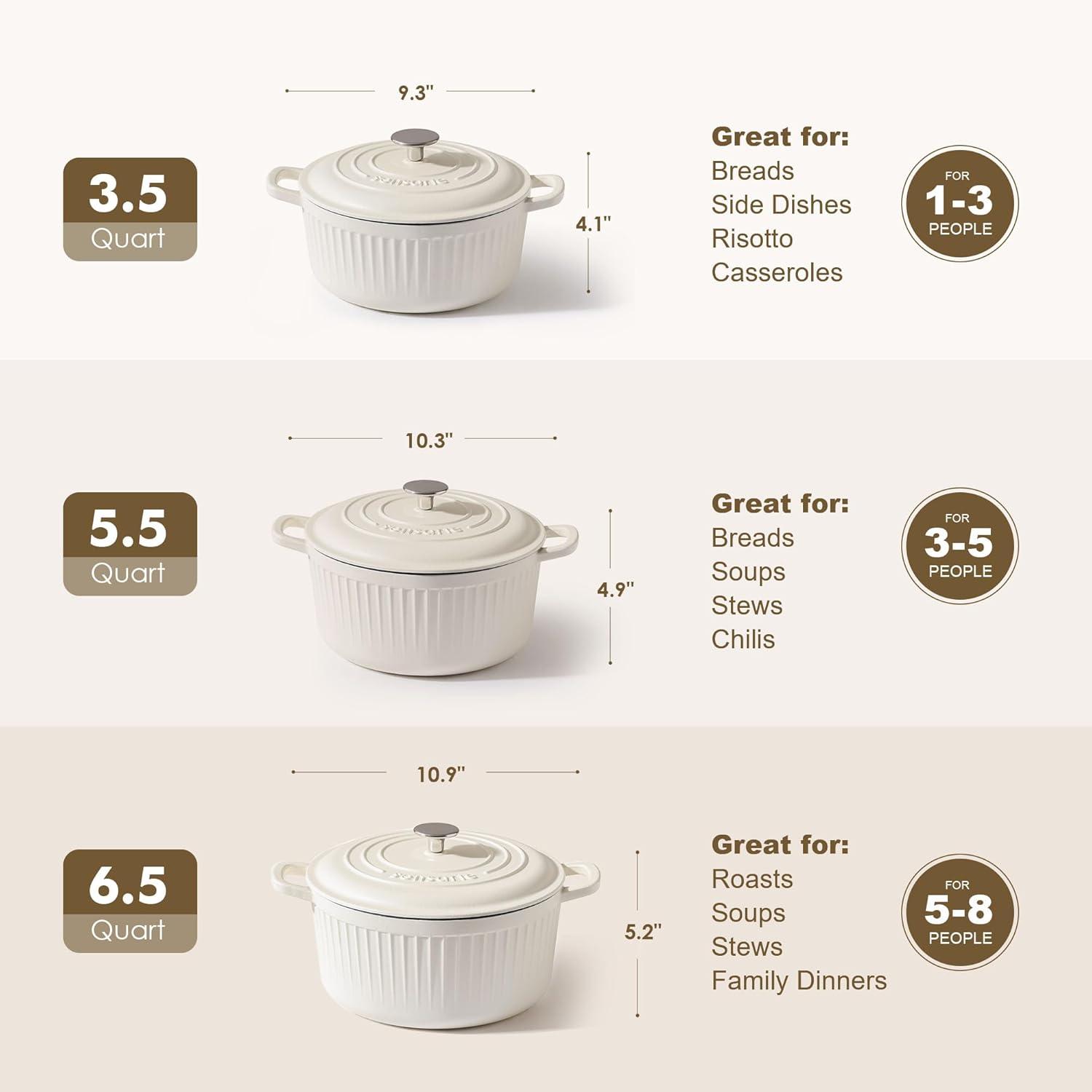 image:imageSENSARTE Enameled Cast Iron Dutch Oven 65 Quart Nonstick Casserole Cooking Pot with Lid Dual Handles Nontoxic Cooking Pot for Baking Stews Braising Roasting Oven Safe up to 500F Stovetop CompatibleMoonlight White