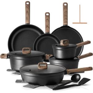 SENSARTE 20Pcs Nonstick Pots and Pans Set, Black Titanium Non Stick Cookware Set, Healthy Kitchen Cooking Set, Induction Compatible, Dishwasher Safe, PFOA/PFOS Free(Midnight Black)