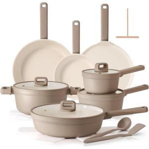 SENSARTE 20Pcs Nonstick Pots and Pans Set, Black Titanium Non Stick Cookware Set, Healthy Kitchen Cooking Set, Induction Compatible, Dishwasher Safe, PFOA/PFOS Free(Misty Taupe)