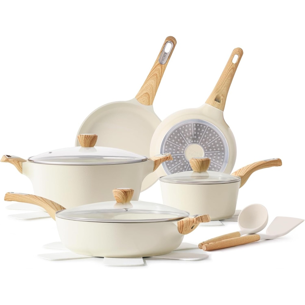 image:imageSENSARTE Ceramic Cookware Sets Pots and Pans Set Non stick 14 Piece Induction Cookware Non toxic Healthy Non Stick Kitchen Cooking Set with Frying Pans Set PFAS PTFE PFOA PFOS FreeWhite