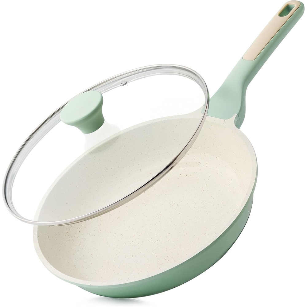 image:imageSENSARTE Nonstick Ceramic Frying Pan with Lid 8 Inch Omelette Pan Skillet Free of Intentionally Added PFASPTFE Nontoxic Chefs Pan Induction Compatible Pan Heat Resistant Handle Glacier BlueMint Green