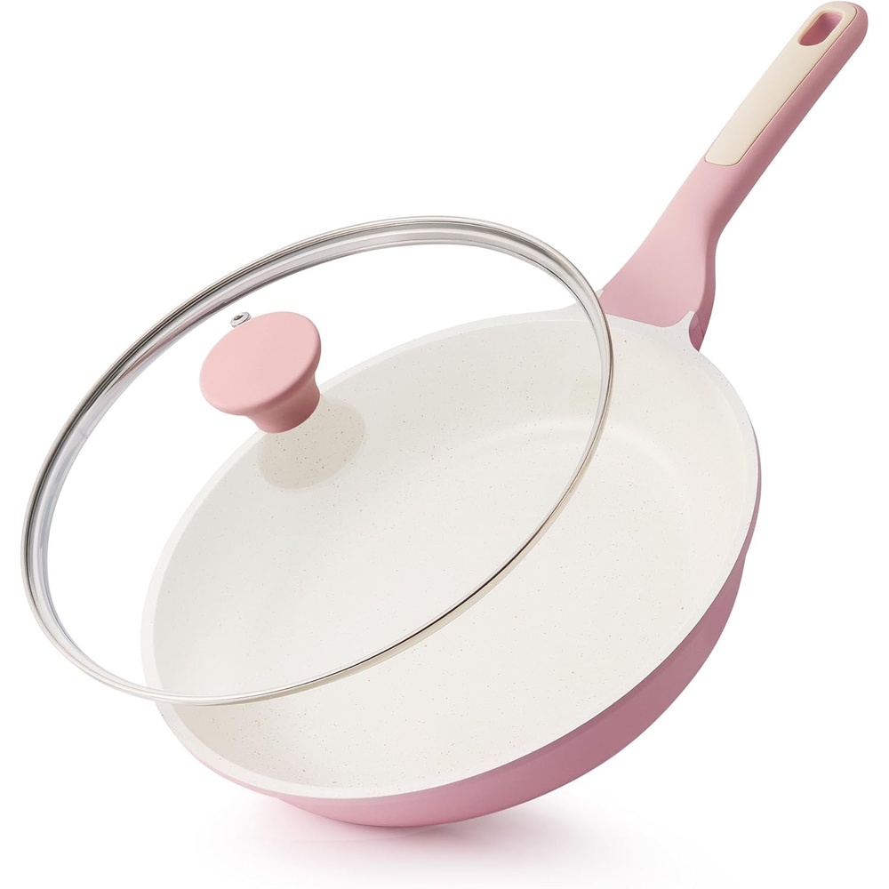image:imageSENSARTE Nonstick Ceramic Frying Pan with Lid 8 Inch Omelette Pan Skillet Free of Intentionally Added PFASPTFE Nontoxic Chefs Pan Induction Compatible Pan Heat Resistant Handle Glacier BlueSakura Pink